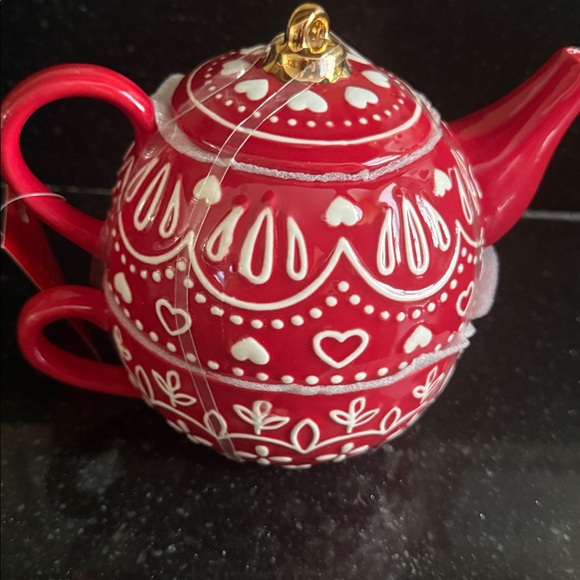 Cost Plus World Market Festive Red and White Stoneware Teapot with cup 2 in 1 - Picture 3 of 3
